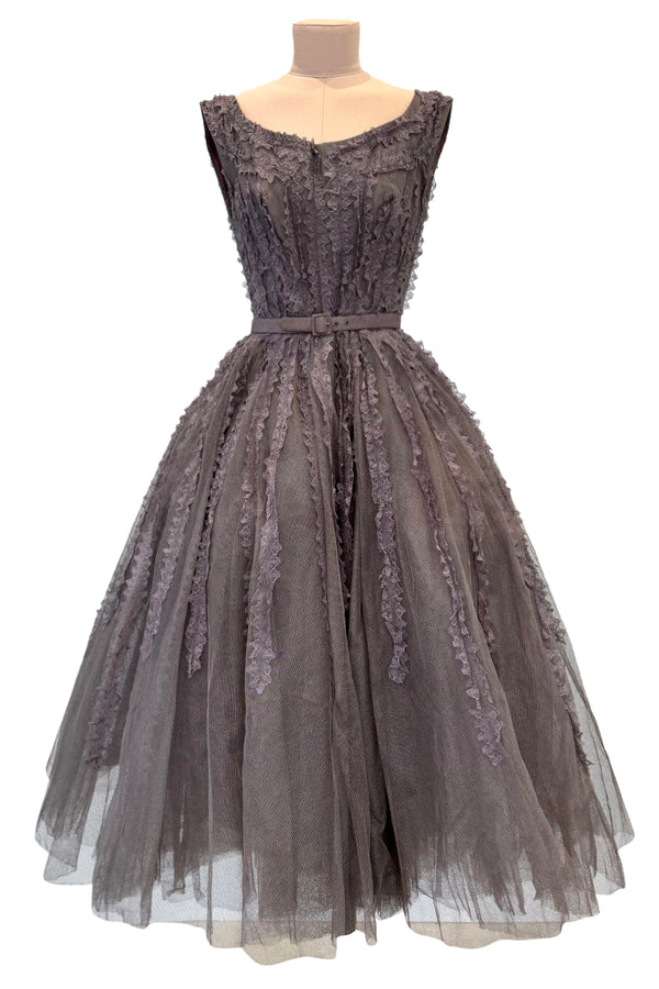 Exceptional 1950s Jacques Heim Golden Era Haute Couture Ultra Rare Purple-Gray Net & Handmade Lace Dress