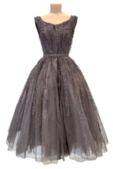 Exceptional 1950s Jacques Heim Golden Era Haute Couture Ultra Rare Purple-Gray Net & Handmade Lace Dress