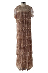Prettiest 1960s Gold & Taupe Net Lace & Rhinestone Tiered Scalloped Edge Dress