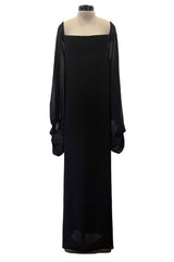 Exquisite 1978 Pierre Cardin Haute Couture Black Silk Chiffon Dress w Huge Balloon Sleeves