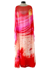 Incredible Spring 1978 Hanae Mori Brilliant Pink & Coral Sunset & Floral Caftan Dress & Cape Overlay