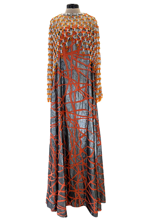 Ultra Rare 1990s Paco Rabanne Haute Couture Metallic Silver & Coral Dress w Chainlink Top & Headpiece
