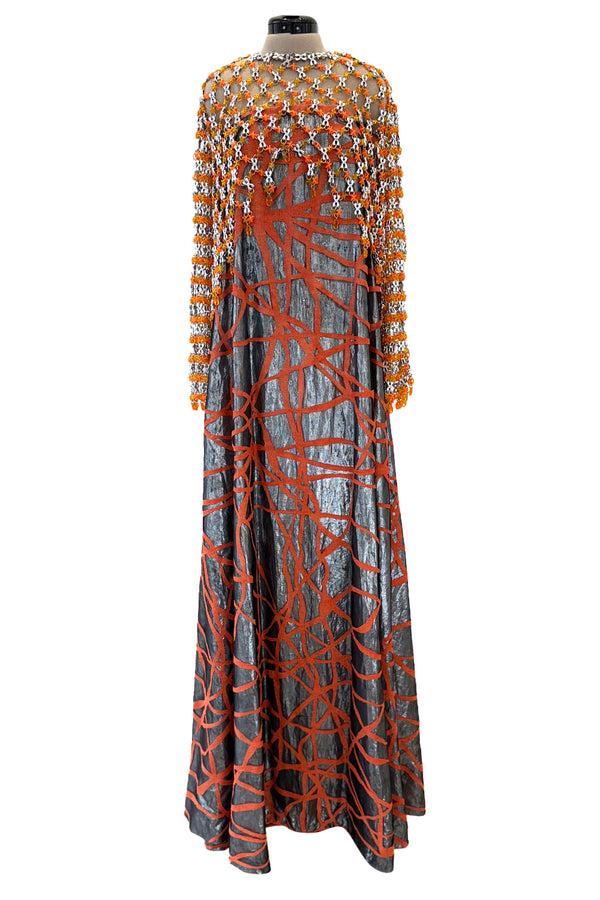 Ultra Rare 1990s Paco Rabanne Haute Couture Metallic Silver & Coral Dress w Chainlink Top & Headpiece