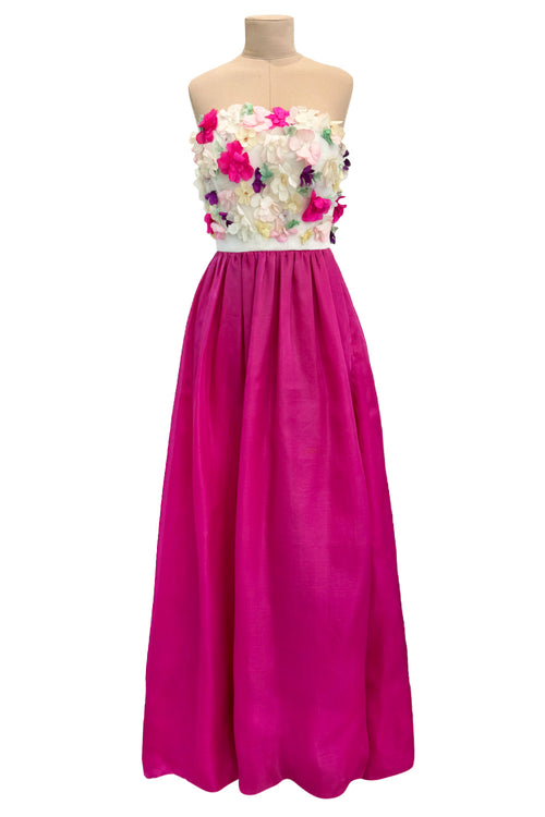 Dreamy Late 1960s, Early 1970s Givenchy Strapless Silk Dress w Floral Appliques & Brilliant Full Pink Skirt