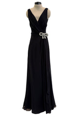 Beautiful 2000s Valentino Roma Black Bias Cut Silk Chiffon Dress w Front & Back Plunge & Silver Sequin Bow