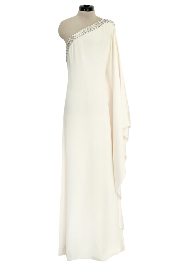 Beautiful 2000s Emilio Pucci Ivory Silk One Shoulder Caftan Dress w Gold & White Beaded Detail