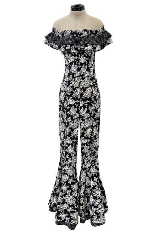 Ultra Rare Spring 1993 Versace by Gianni  Versace Silk Black & White Printed Off Shoulder Bell Bottom Jumpsuit