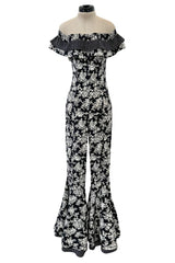 Ultra Rare Spring 1993 Versace by Gianni  Versace Silk Black & White Printed Off Shoulder Bell Bottom Jumpsuit