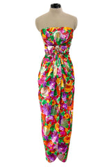 Prettiest 1980s Arnold Scaasi Strapless Metallic Finished Brilliant Floral Print Dress w Bow