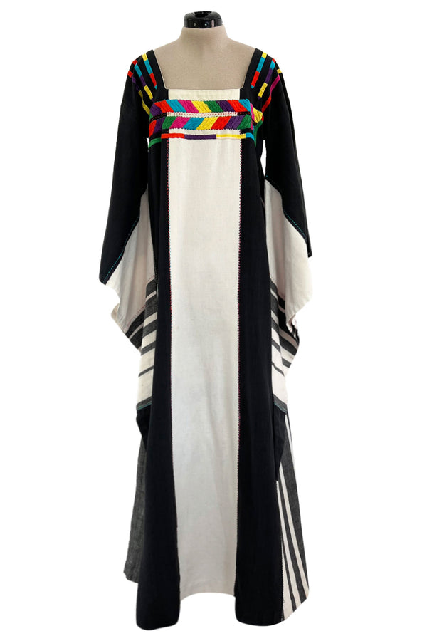 1960s Josefa Hand Embroidered Natural Linen & Black Caftan Dress W Incredible Sleeves