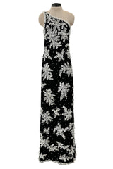 Incredible 1960s Adolfo Black Silk Chiffon One Shoulder Dress w Extensive Hand Bead & Sequin Detailing