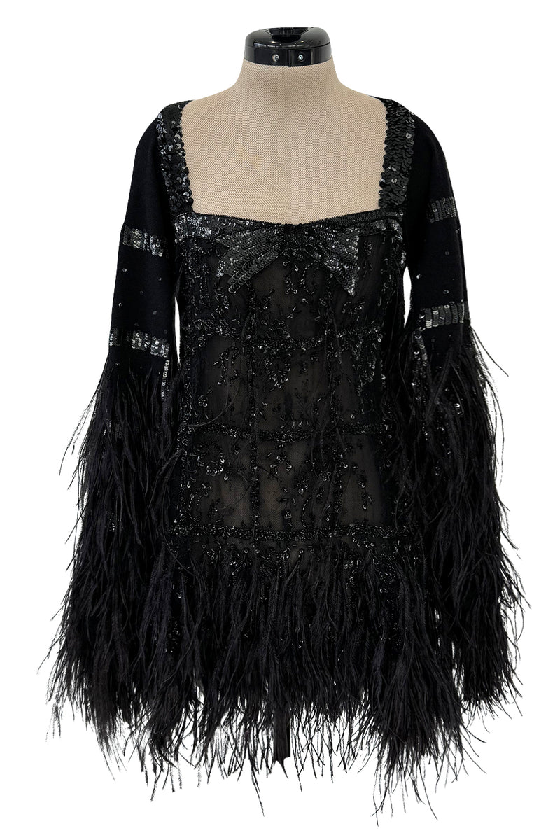 1990s Valentino Feather, Net & Sequin Micro Mini Cashmere Knit Dress Shrimpton Couture 1990s Valentino Feather, Net & Sequin Micro Mini Cashmere Knit Dress Shrimpton Couture