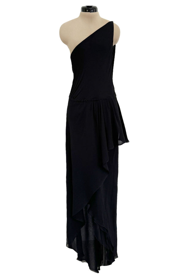 Important Spring 1979 Halston Couture Runway Black Silk Chiffon One Shoulder Wrap Dress