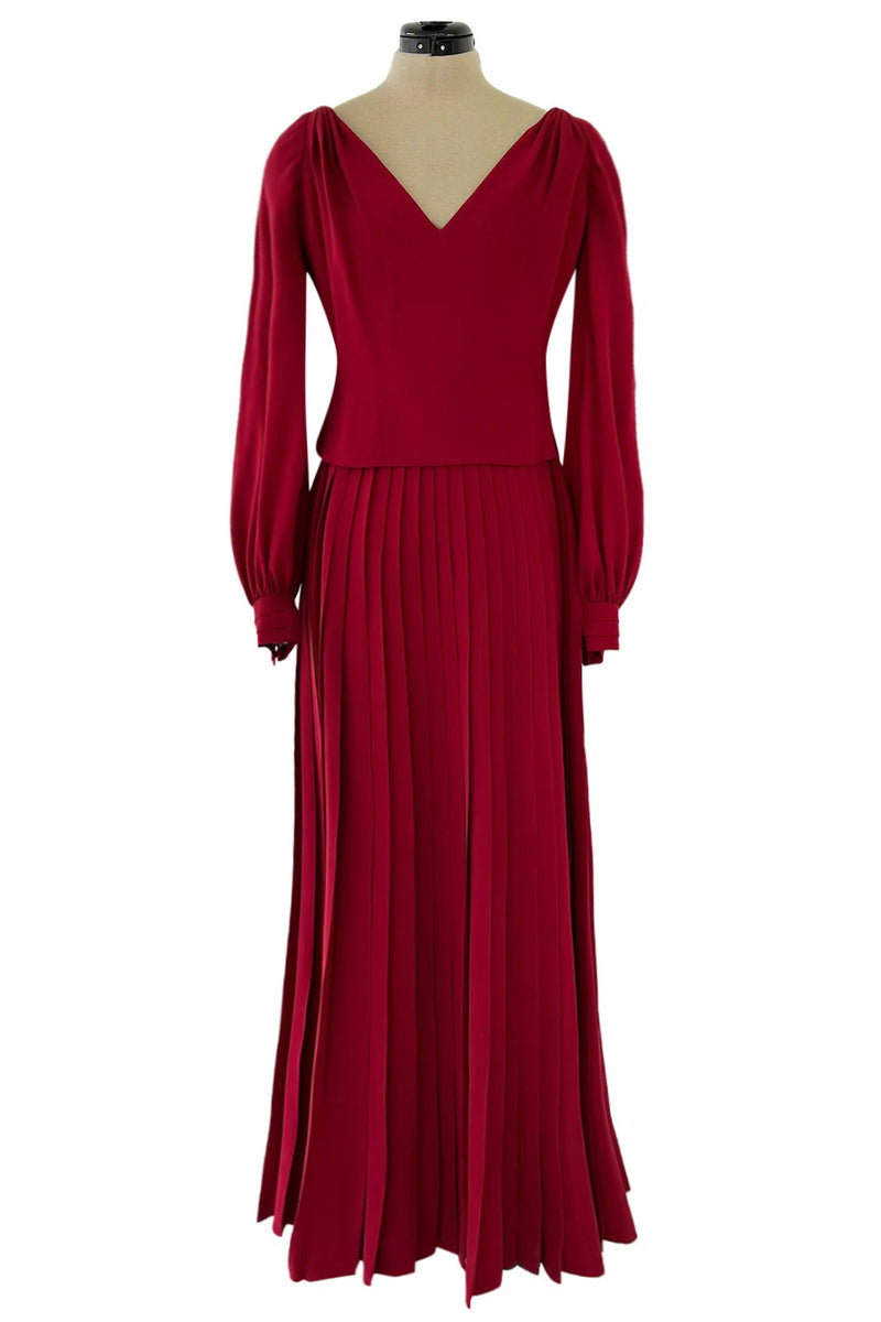 Minimalist 1970s Pierre Balmain Numbered Haute Couture Rich Red Silk Dress w Knife Pleat Detailing