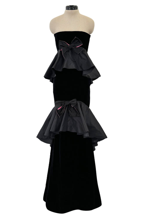 Exceptional Fall 2005 Original Valentino Runway Look 82 Black Velvet Dress w Bows, Silk Tiers & Pink Detailing