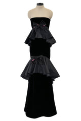 Exceptional Fall 2005 Original Valentino Runway Look 82 Black Velvet Dress w Bows, Silk Tiers & Pink Detailing