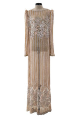 Gorgeous 1980s Unlabeled Fernando Pena Metallic Gold Thread & Pink Bead Sequin & Net Dress