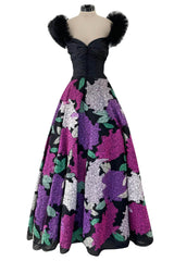 1990s Nina Ricci by Gerard Pipart Haute Couture Black Off Shoulder Dress w Hand Quilted Floral Skirt