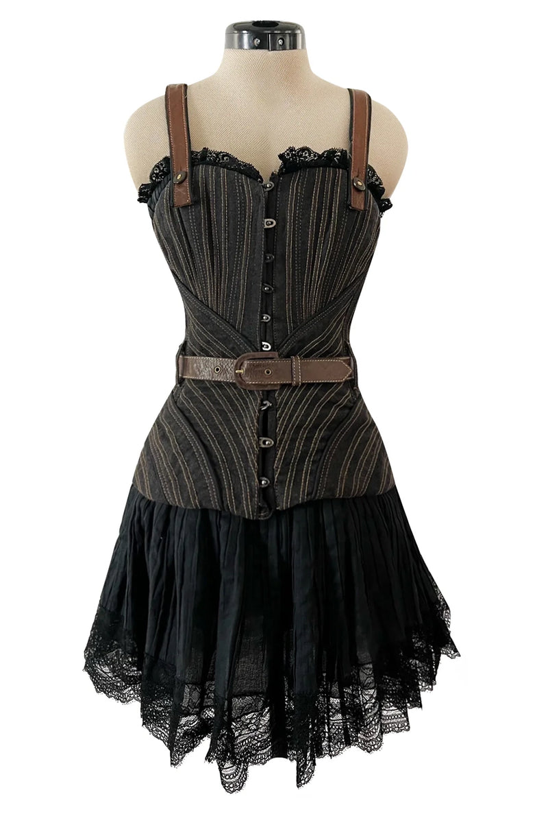 Exceptional Fall 2002 Alexander McQueen Runway Look 44 Corset Mini Dress w Leather Details