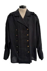1980s Chanel by Karl Lagerfeld Oversized Black Linen Top w 14 x Four leaf Clover Buttons