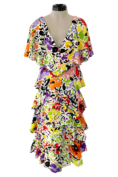Prettiest 1970s Hollys Harp Bright Printed Silk Tiered V Front & Back Plunge Dress w Layered Tiers