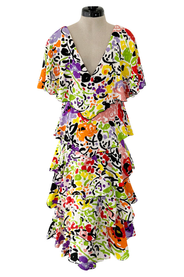 Prettiest 1970s Hollys Harp Bright Printed Silk Tiered V Front & Back Plunge Dress w Layered Tiers