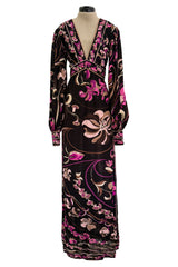 Dreamiest 1970s Emilio Pucci Black Silk Jersey Dress w V Front & Pink Flower Print