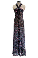 Sheer Fall 2024 Giorgio Armani Sample Deep Blue Net Dress w Embroidered Cotton Pink & Blue Flowers