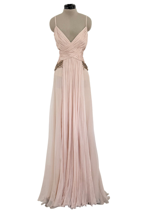 c 2007 Roberto Cavalli Pale Ballet Pink Pleated Silk Jersey Dress w Front Plunge & Rhinestones