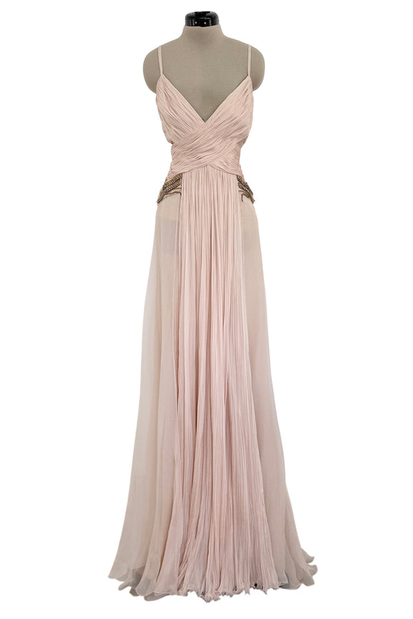 c 2007 Roberto Cavalli Pale Ballet Pink Pleated Silk Jersey Dress w Front Plunge & Rhinestones