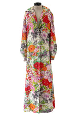 Beautiful Spring 1974 Pauline Trigere Runway Floral Print Dress w Rhinestone Detailing