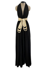 Documented 1981 Bill Tice Plunge Front Black & Gold Nylon Jersey Backless Halter Dress