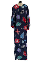 Easy-to-Wear 1980s Hanae Mori Printed Leaf & Flower Blue Silk Caftan Dress w Wide Sleeves