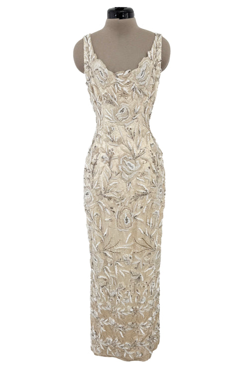 Amazing 1950s Mde. Etoile Ivory Silk Heavily Hand Beaded Demi Couture Dress w Scoop Back