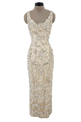 Amazing 1950s Mde. Etoile Ivory Silk Heavily Hand Beaded Demi Couture Dress w Scoop Back