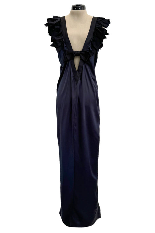 Exceptional Cruise 2009 Chanel by Karl Lagerfeld Blue Silk Deep Front Plunge Dress