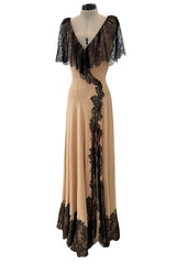 Spectacular Fall 1988 John Anthony Bias Cut Taupe Silk Chiffon Wrap Dress w Hand Made Lace Detailing