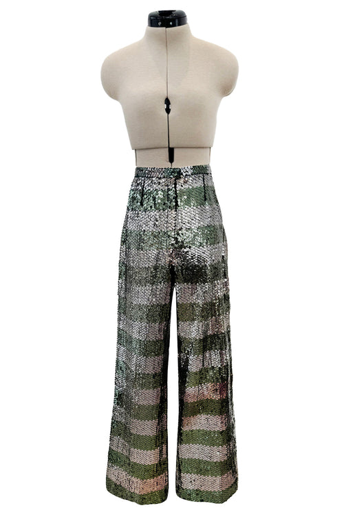 Amazing 1970s Yves Saint Laurent Couture Attrb Fully Sequin Green Gold Silver Wide Leg Pants