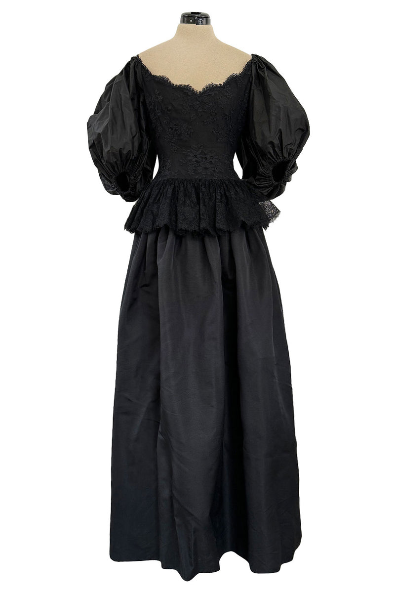 Romantic 1980s Oscar de la Renta Backless Black Silk & Lace Dress w Killer Pouf Sleeves