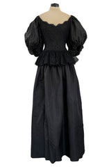 Documented Resort 1978 Oscar de la Renta Backless Black Silk & Lace Dress w Full BalloonmSleeves