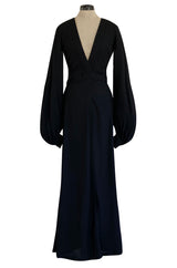 Iconic 1972 Ossie Clark Couture 'Cuddly' Black Moss Crepe Open Back Wrap Dress w Huge Sleeves