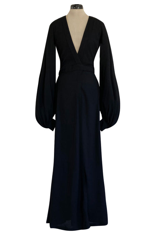Iconic 1972 Ossie Clark Couture 'Cuddly' Black Moss Crepe Open Back Wrap Dress w Huge Sleeves