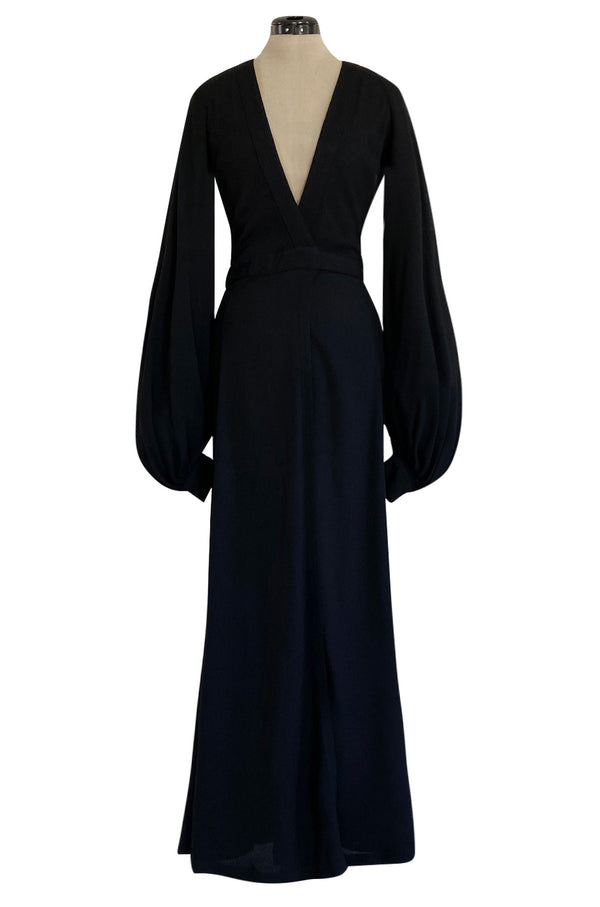 Iconic 1972 Ossie Clark Couture 'Cuddly' Black Moss Crepe Open Back Wrap Dress w Huge Sleeves
