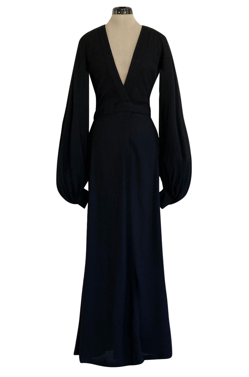 Iconic 1972 Ossie Clark Couture 'Cuddly' Black Moss Crepe Open Back Wrap Dress w Huge Sleeves