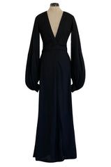 Iconic 1972 Ossie Clark Couture 'Cuddly' Black Moss Crepe Open Back Wrap Dress w Huge Sleeves