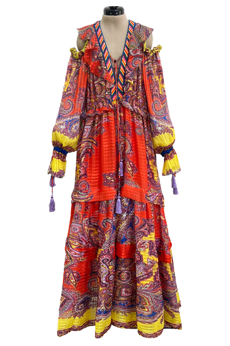 Recent Etro Gorgeous Printed Coral Ribbon Silk Chiffon Caftan Dress w Plunge Lace Up Neckline