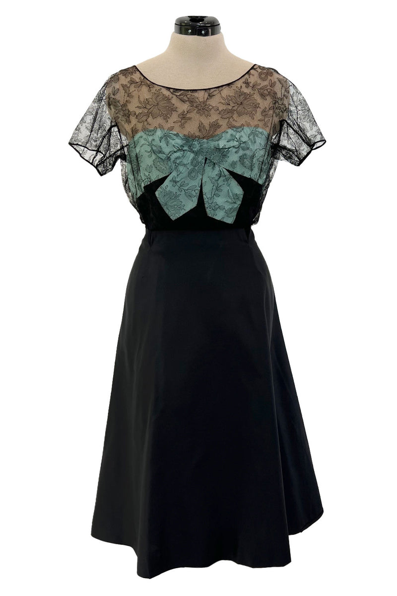 Rare 1950s Irene Lentz Black Silk Taffeta Dress w Pale Blue Ribbon & Lace Illusion Bodice