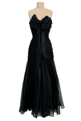 Prettiest Spring 1985 Chloe by Karl Lagerfeld Black Silk Organza Strapless Dress w Bow Detailing