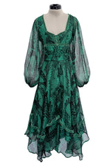 Well Documented Spring 1970 Unlabeled Thea Porter Green Butterfly Print Silk Chiffon Dress