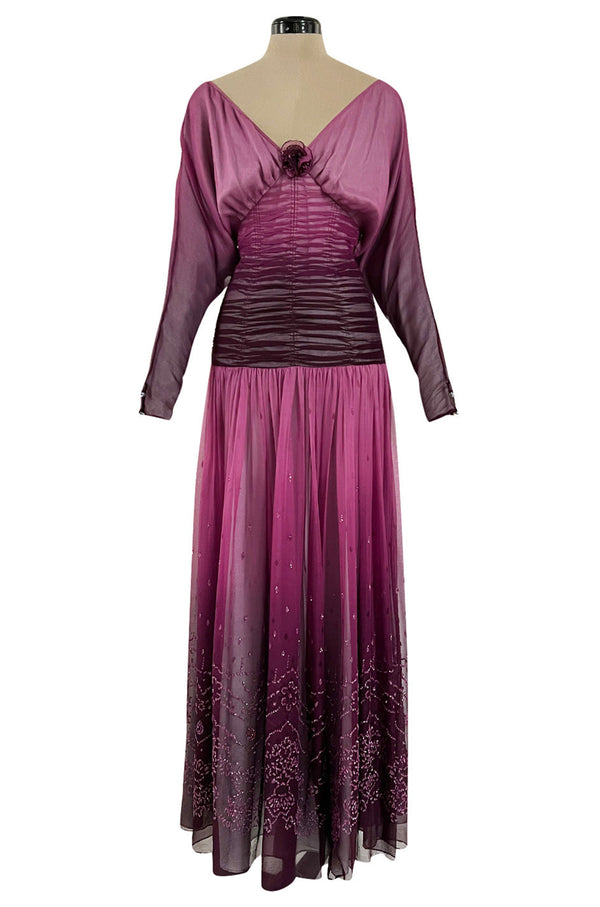 Stunning 1970s Bill Gibb Deep Purple Fuchsia Silk Chiffon & Glitter Dress w Deep Front & Back Plunge